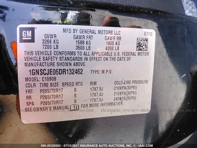 1GNSCJE06DR132462 - 2013 CHEVROLET SUBURBAN C1500 LT BLACK photo 9