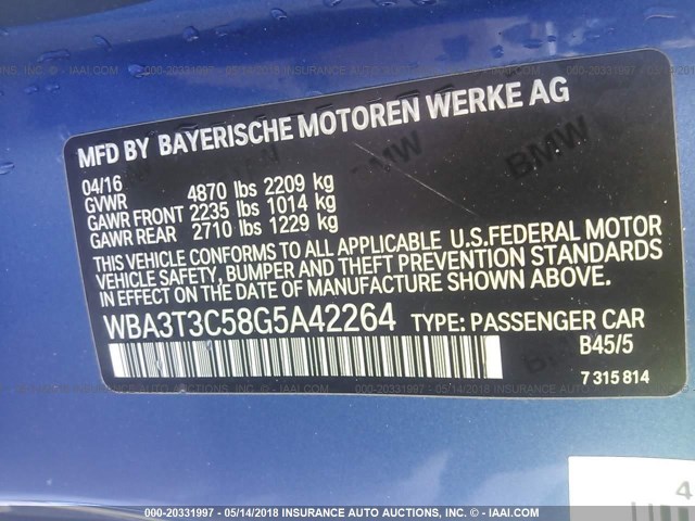 WBA3T3C58G5A42264 - 2016 BMW 435 I BLUE photo 9