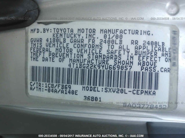 4T1BG22K9YU669057 - 2000 TOYOTA CAMRY CE/LE/XLE 银色 照片 9