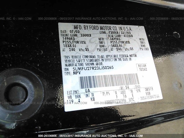 5LMFU27R23LJ50265 - 2003 LINCOLN NAVIGATOR BLACK photo 9