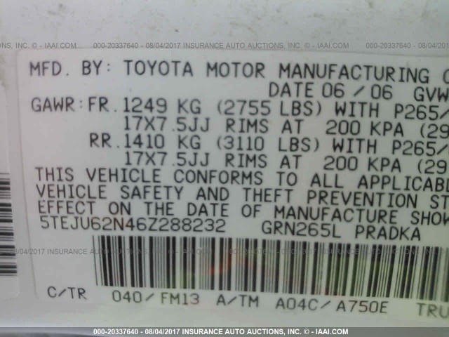 5TEJU62N46Z288232 - 2006 TOYOTA TACOMA DOUBLE CAB PRERUNNER WHITE photo 9