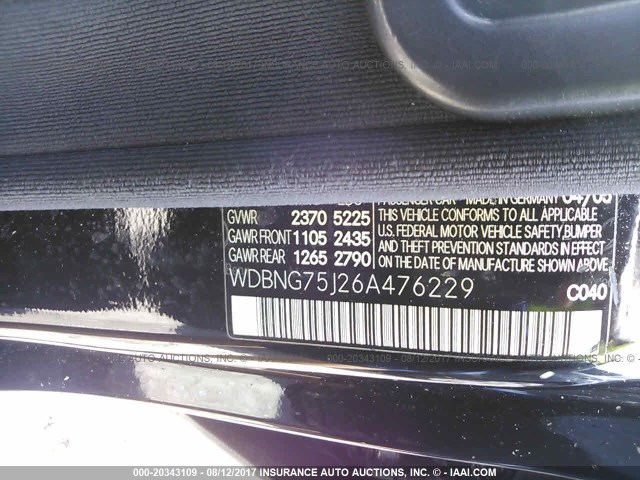 WDBNG75J26A476229 - 2006 MERCEDES-BENZ S 500 BLACK photo 9