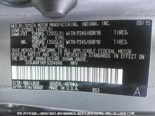 5TDJKRFH0FS204948 - 2015 TOYOTA HIGHLANDER XLE ნაცრისფერი ფოტო 9