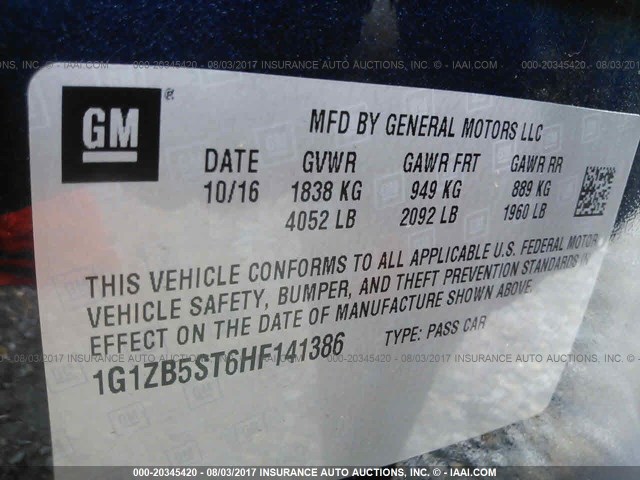 1G1ZB5ST6HF141386 - 2017 CHEVROLET MALIBU LS ლურჯი ფოტო 9