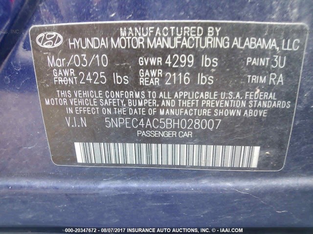 5NPEC4AC5BH028007 - 2011 HYUNDAI SONATA SE/LIMITED BLUE photo 9