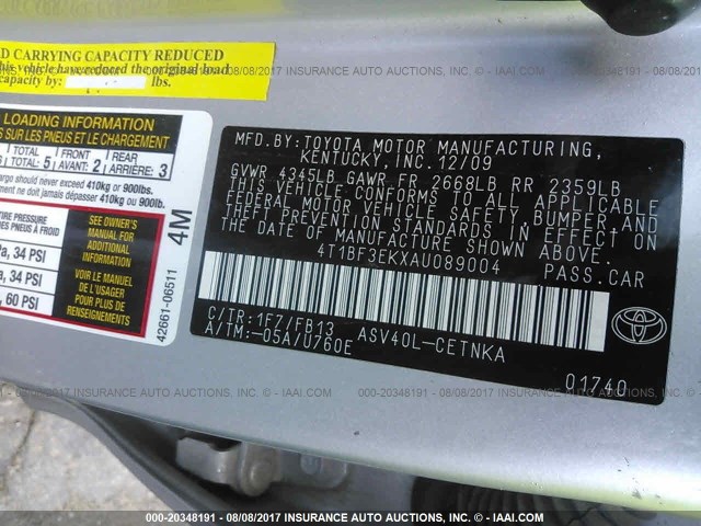 4T1BF3EKXAU089004 - 2010 TOYOTA CAMRY SE/LE/XLE 银色 照片 9