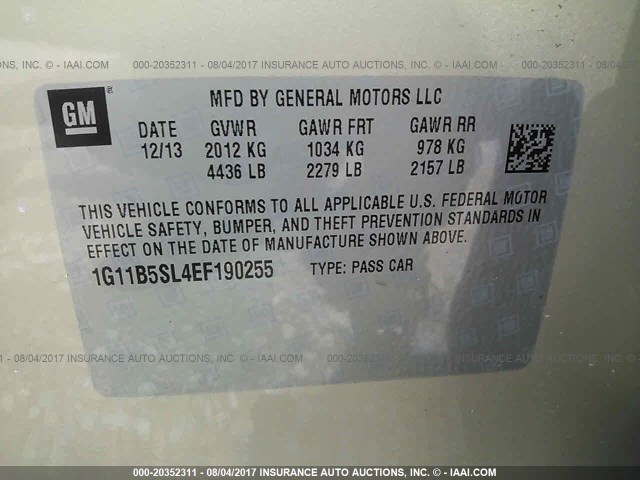 1G11B5SL4EF190255 - 2014 CHEVROLET MALIBU LS ოქროსფერი ფოტო 9