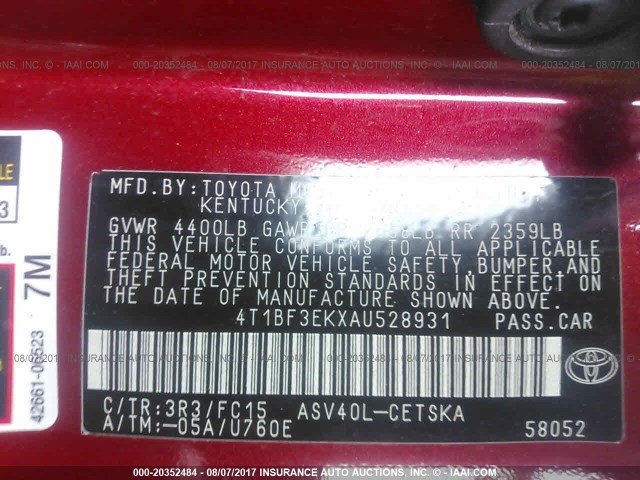 4T1BF3EKXAU528931 - 2010 TOYOTA CAMRY SE/LE/XLE 红色 照片 9