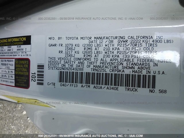 5TETX22N09Z649288 - 2009 TOYOTA TACOMA ACCESS CAB Weiß Foto 9