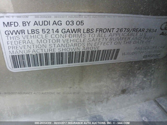 WAUDG74F05N109862 - 2005 AUDI A6 3.2 QUATTRO GOLD photo 9