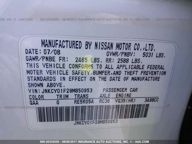 JNKCY01F29M850953 - 2009 INFINITI M35 SPORT WHITE photo 9