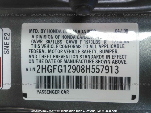 2HGFG12908H557913 - 2008 HONDA CIVIC EXL GRAY photo 9