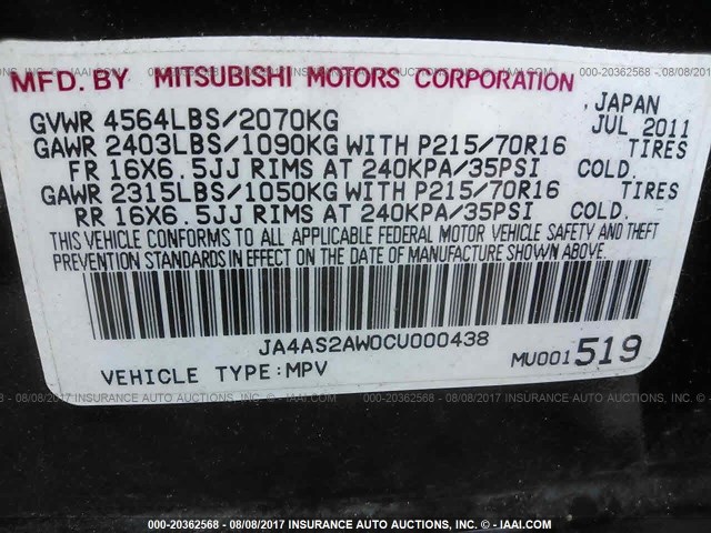 JA4AS2AW0CU000438 - 2012 MITSUBISHI OUTLANDER ES BLACK photo 9