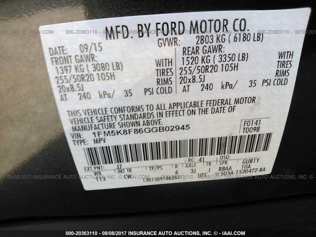 1FM5K8F86GGB02945 - 2016 FORD EXPLORER LIMITED GRAY photo 9