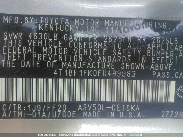 4T1BF1FK0FU499983 - 2015 TOYOTA CAMRY LE/XLE/SE/XSE 银色 照片 9