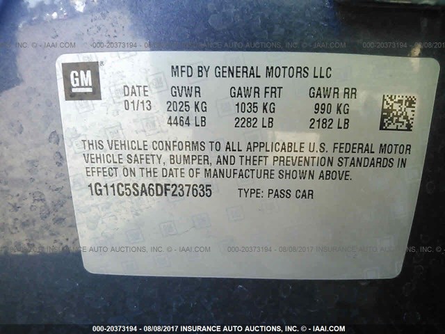 1G11C5SA6DF237635 - 2013 CHEVROLET MALIBU 1LT 蓝色 照片 9