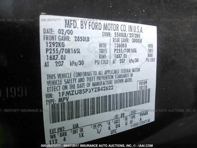 1FMZU85P3YZB42622 - 2000 FORD EXPLORER LIMITED BLACK photo 9