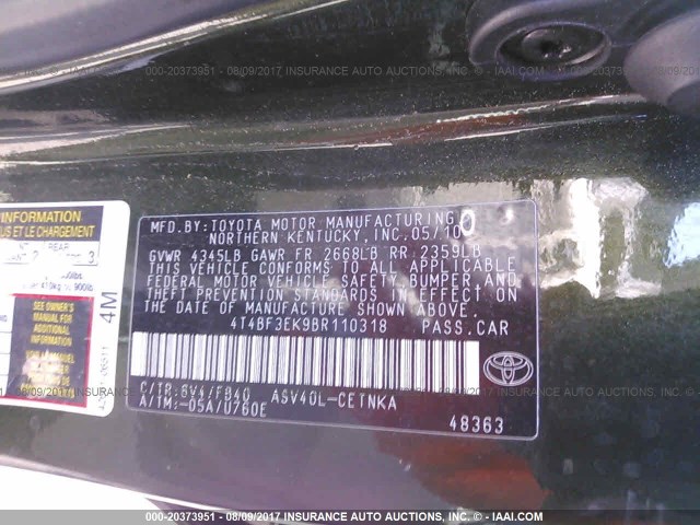 4T4BF3EK9BR110318 - 2011 TOYOTA CAMRY SE/LE/XLE GREEN photo 9