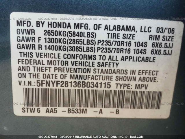 5FNYF28136B034115 - 2006 HONDA PILOT LX BLUE photo 9