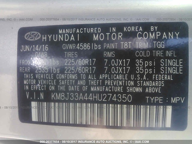 KM8J33A44HU274350 - 2017 HYUNDAI TUCSON LIMITED/SPORT AND ECO/SE SILVER photo 9