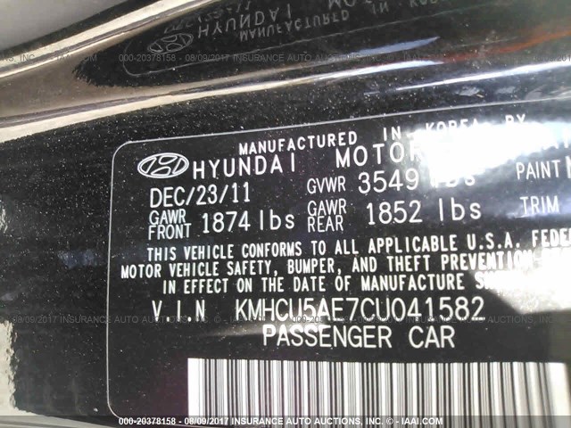 KMHCU5AE7CU041582 - 2012 HYUNDAI ACCENT GLS/GS/SE BLACK photo 9