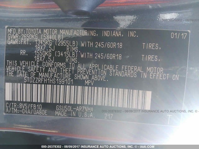 5TDZZRFH1HS199101 - 2017 TOYOTA HIGHLANDER LE/LE PLUS 蓝色 照片 9