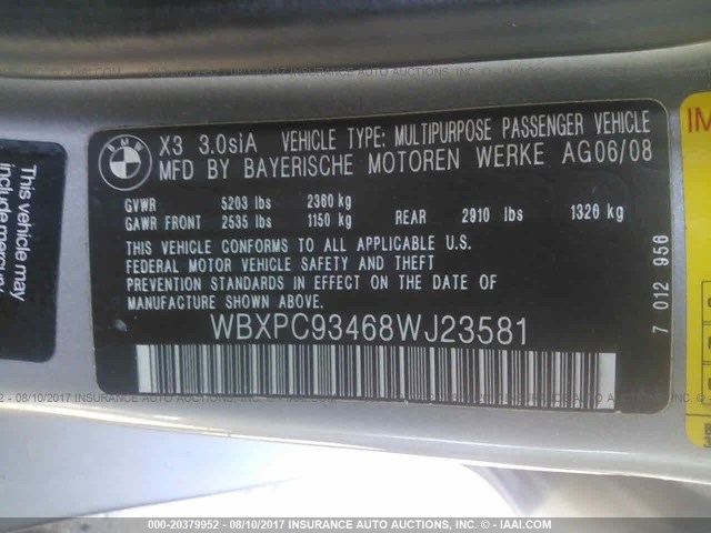 WBXPC93468WJ23581 - 2008 BMW X3 3.0SI SILVER photo 9