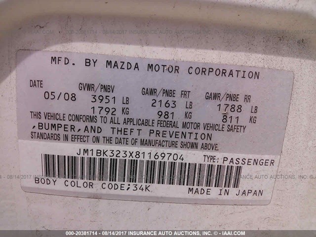 JM1BK323X81169704 - 2008 MAZDA 3 S WHITE photo 9