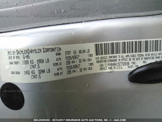 1J4HR48N15C732038 - 2005 JEEP GRAND CHEROKEE LAREDO/COLUMBIA/FREEDOM 银色 照片 9