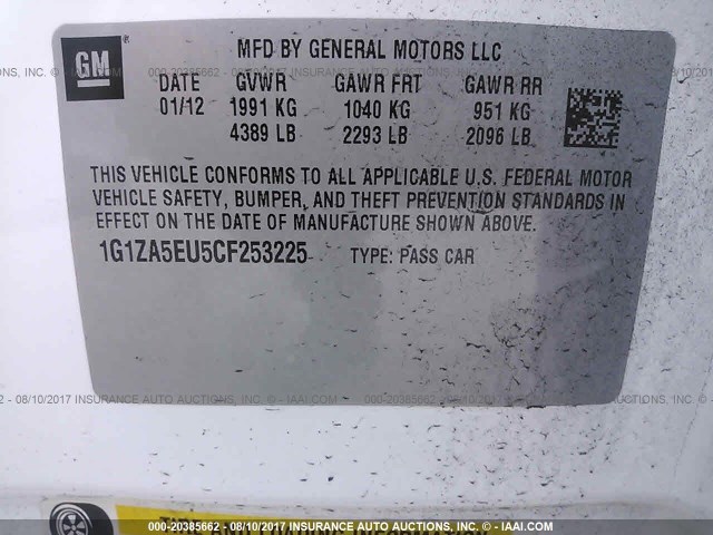 1G1ZA5EU5CF253225 - 2012 CHEVROLET MALIBU LS თეთრი ფოტო 9