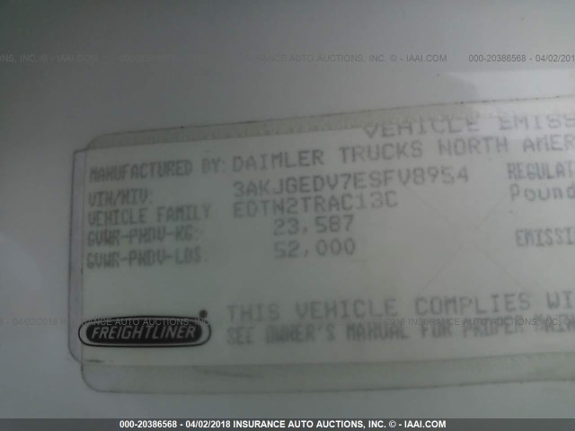 3AKJGEDV7ESFV8954 - 2014 FREIGHTLINER CASCADIA 125  WHITE photo 10