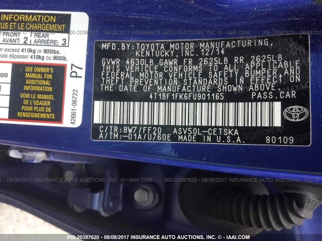 4T1BF1FK6FU901165 - 2015 TOYOTA CAMRY LE/XLE/SE/XSE ლურჯი ფოტო 9