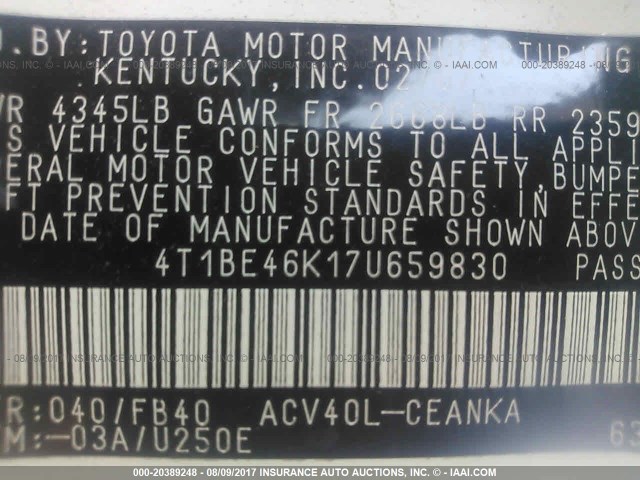4T1BE46K17U659830 - 2007 TOYOTA CAMRY NEW GENERAT CE/LE/XLE/SE WHITE photo 9