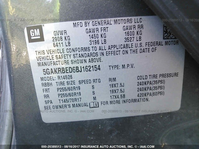 5GAKRBED6BJ162154 - 2011 BUICK ENCLAVE CXL 灰色 照片 9