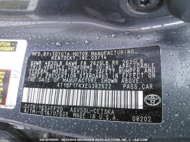 4T1BF1FKXEU382622 - 2014 TOYOTA CAMRY L/SE/LE/XLE 灰色 照片 9