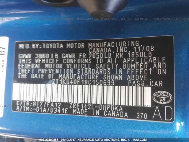 2T1KU40E19C150699 - 2009 TOYOTA COROLLA MATRIX  BLUE photo 9