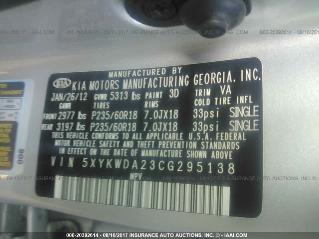 5XYKWDA23CG295138 - 2012 KIA SORENTO SX SILVER photo 9