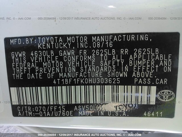 4T1BF1FK0HU303625 - 2017 TOYOTA CAMRY LE/XLE/SE/XSE WHITE photo 9