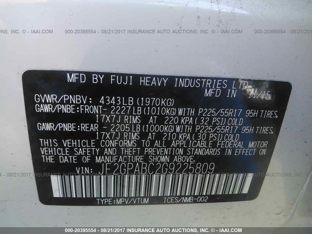 JF2GPABC2G9225809 - 2016 SUBARU CROSSTREK PREMIUM თეთრი ფოტო 9