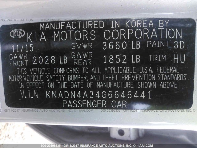 KNADN4A34G6646441 - 2016 KIA RIO EX/SX SILVER photo 9