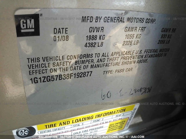 1G1ZG57B38F192877 - 2008 CHEVROLET MALIBU LS 金色 照片 9