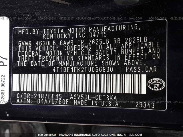 4T1BF1FK2FU066830 - 2015 TOYOTA CAMRY LE/XLE/SE/XSE BLACK photo 9