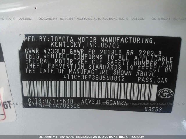 4T1CE38P36U598812 - 2006 TOYOTA CAMRY SOLARA SE/SLE თეთრი ფოტო 9