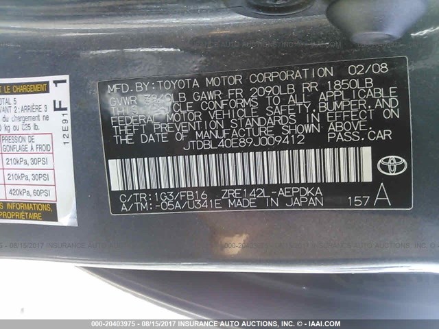 JTDBL40E89J009412 - 2009 TOYOTA COROLLA LE/XLE GRAY photo 9
