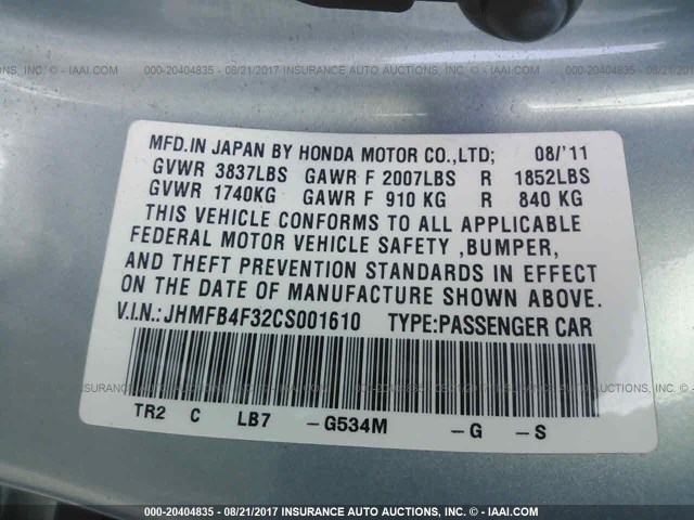 JHMFB4F32CS001610 - 2012 HONDA CIVIC HYBRID L Light Blue photo 9