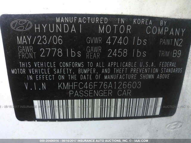 KMHFC46F76A126603 - 2006 HYUNDAI AZERA SE/LIMITED WHITE photo 9