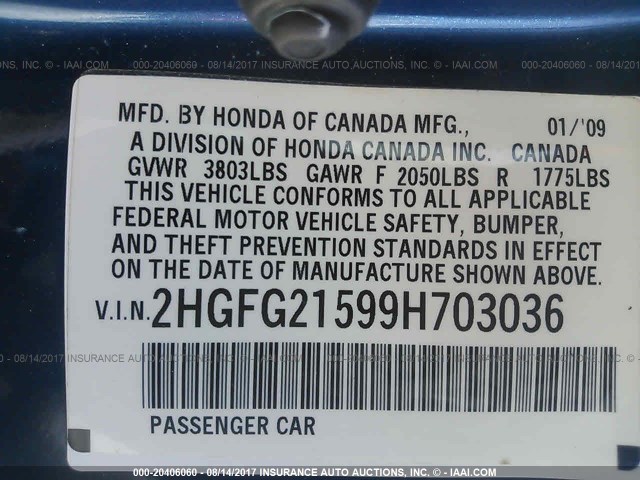 2HGFG21599H703036 - 2009 HONDA CIVIC SI BLUE photo 9