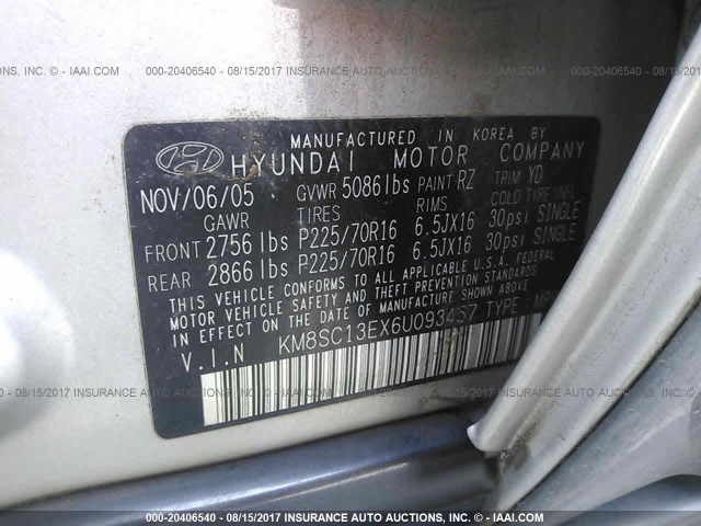 KM8SC13EX6U093457 - 2006 HYUNDAI SANTA FE GLS/LIMITED SILVER photo 9