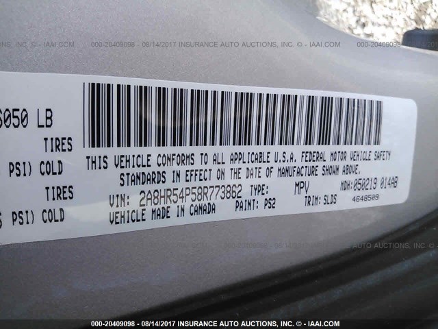 2A8HR54P58R773862 - 2008 CHRYSLER TOWN & COUNTRY TOURING SILVER photo 9