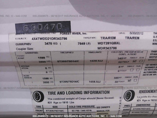 4X4TWDD21DR343796 - 2013 FOREST RIVER OTHER  白色 照片 9